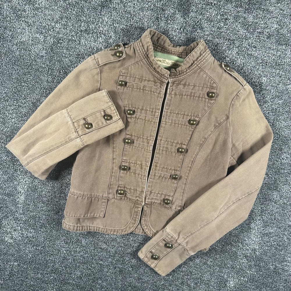 Miss Me Jacket Womens S Brown Military Canvas Brass Button Cropped Utility Boho